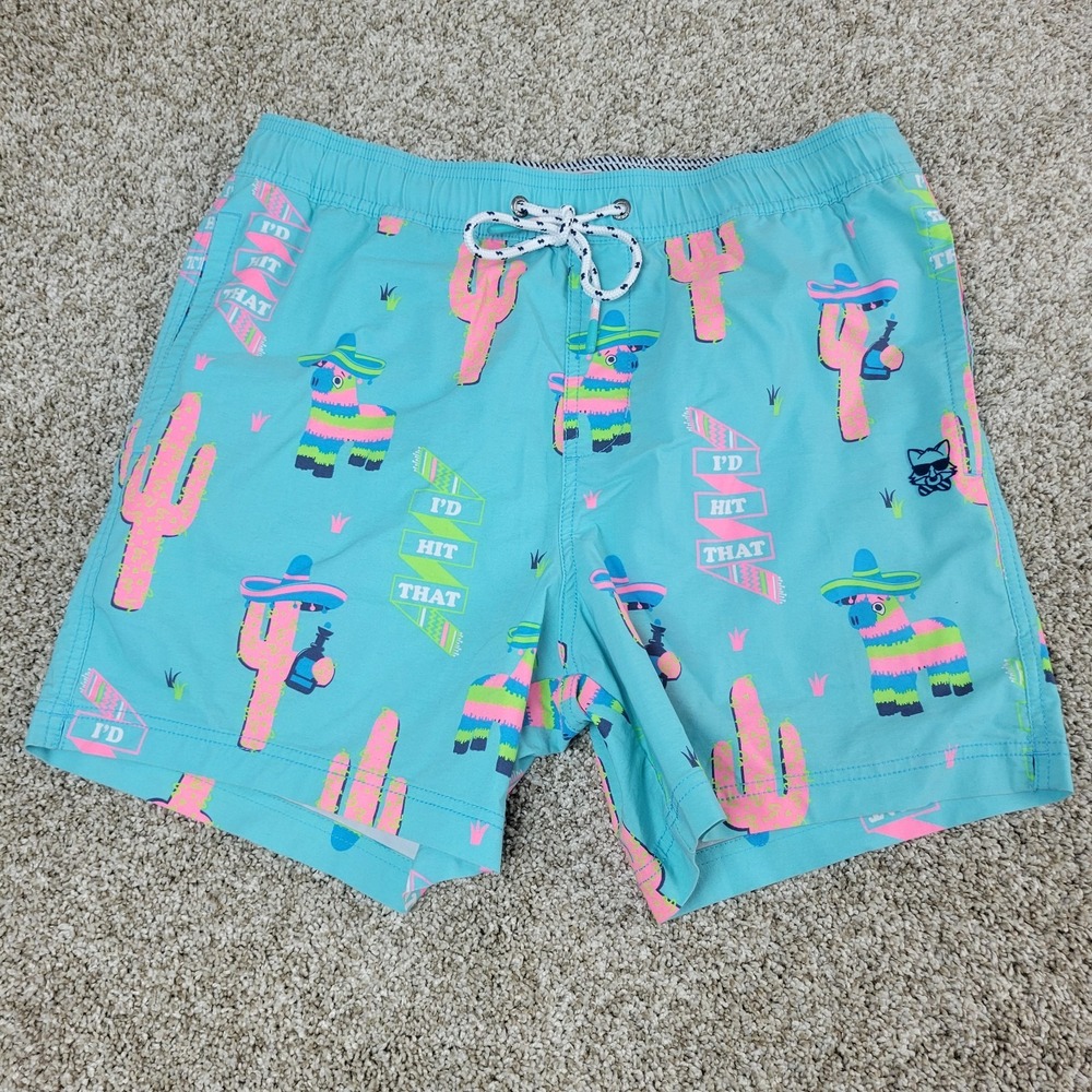Party Pants Mens Medium Aqua All Over Cactus Swimsuit Elastic Waist Drawsting